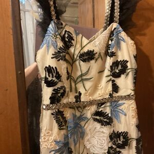 Lulu's Cream Gown with Black and Blue Floral Details NWT